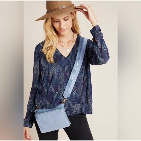 Cloth & Stone Anthropologie Dotted Herringbone Blouse Top Boho Office Blue M - Picture 1 of 14